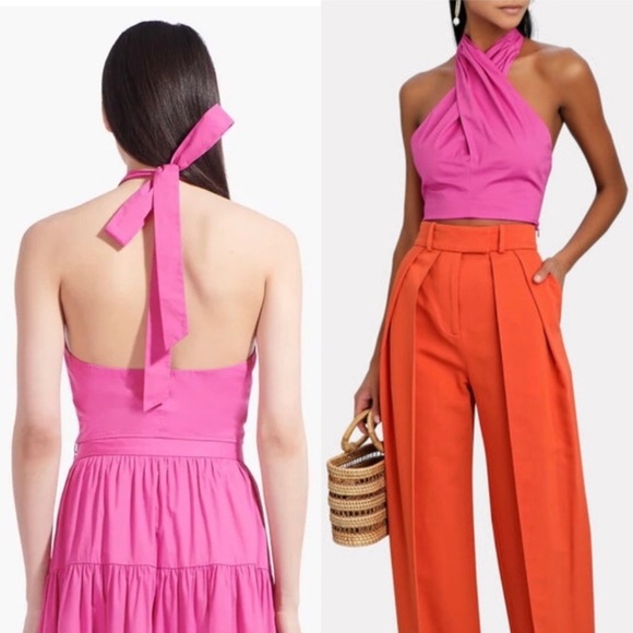 STAUD 70s Cotton Twist Front Open Back Halter Tie Neck Sleeveless Crop Top 0 - Picture 2 of 10